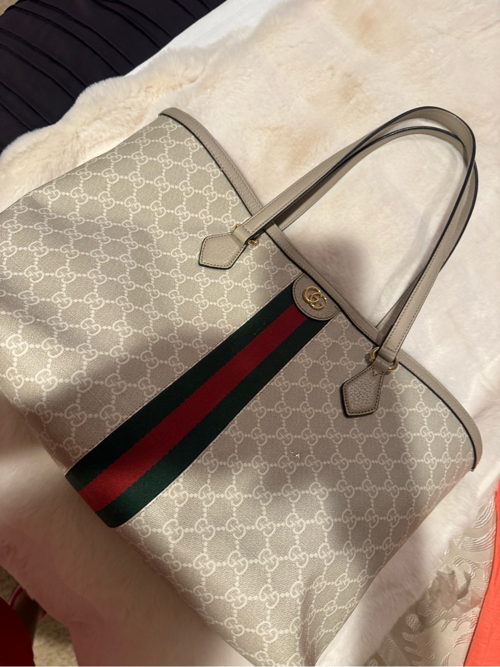 Gucci Beige Monogram Tote with Red and Green Web Stripe